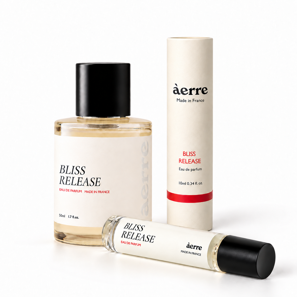 Bliss Release 50ml and 10ml eau de parfum bundle with travel bottle and packaging