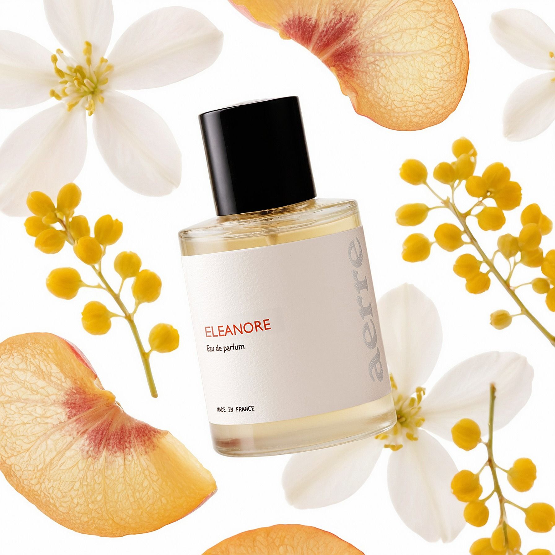 Aerre EDP perfume bottle labeled 'Eleanore' surrounded by flowers and fruit slices on a white background