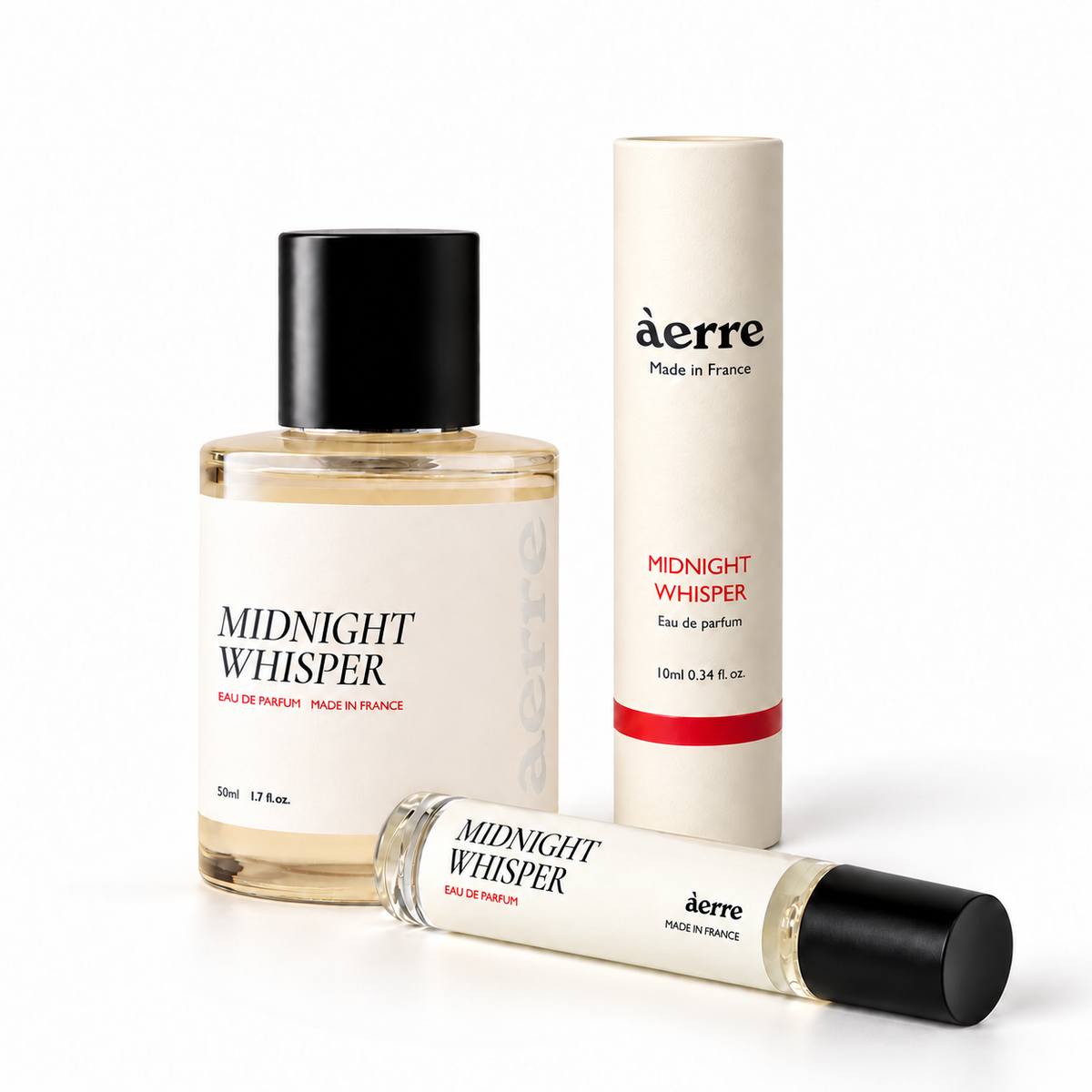Midnight Whisper 50ml and 10ml eau de parfum bundle with travel bottle and packaging